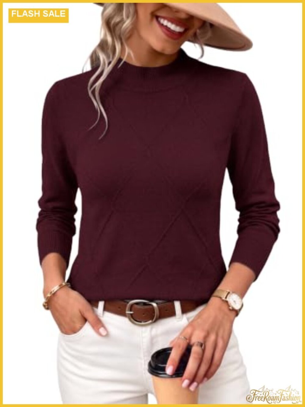 Womens Cable Knit Sweater Mock Neck Long Sleeve Pullover